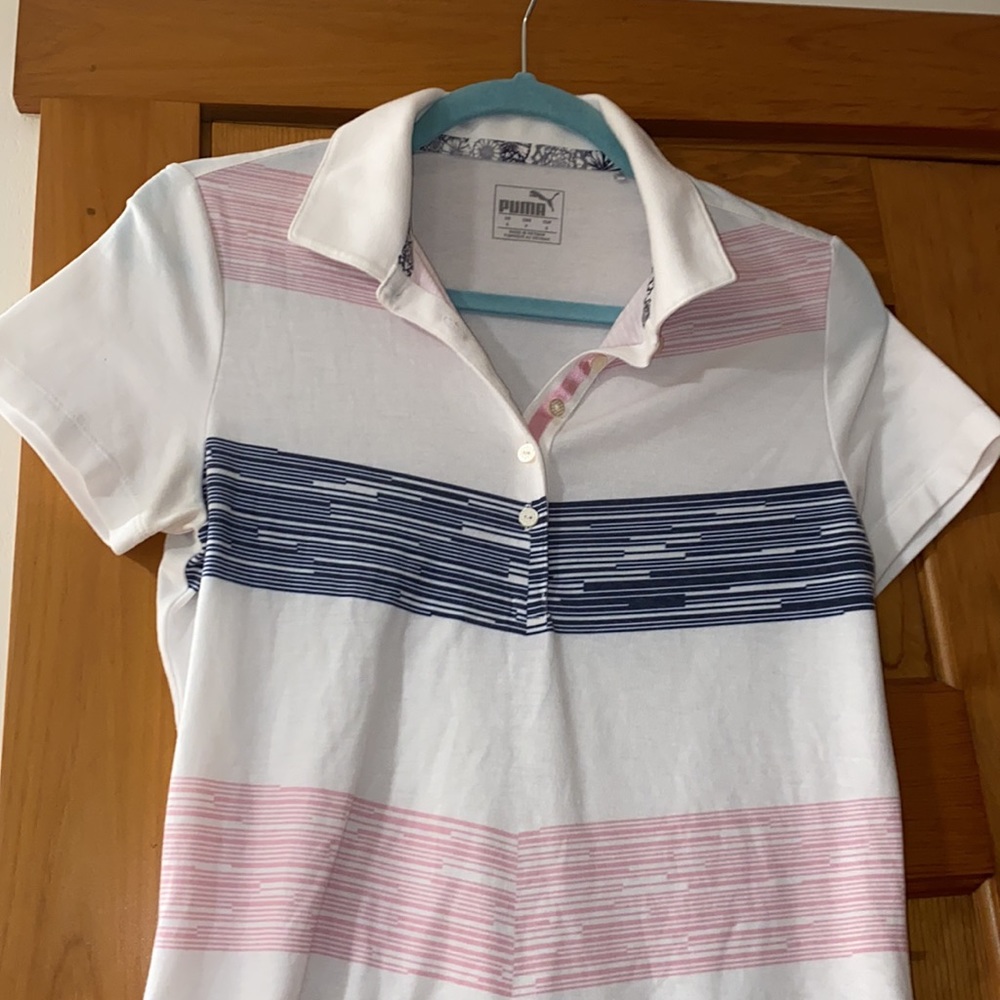 Puma Golf Polo Shirt Tennis Pickleball White Pink Collar Short Sleeve size S